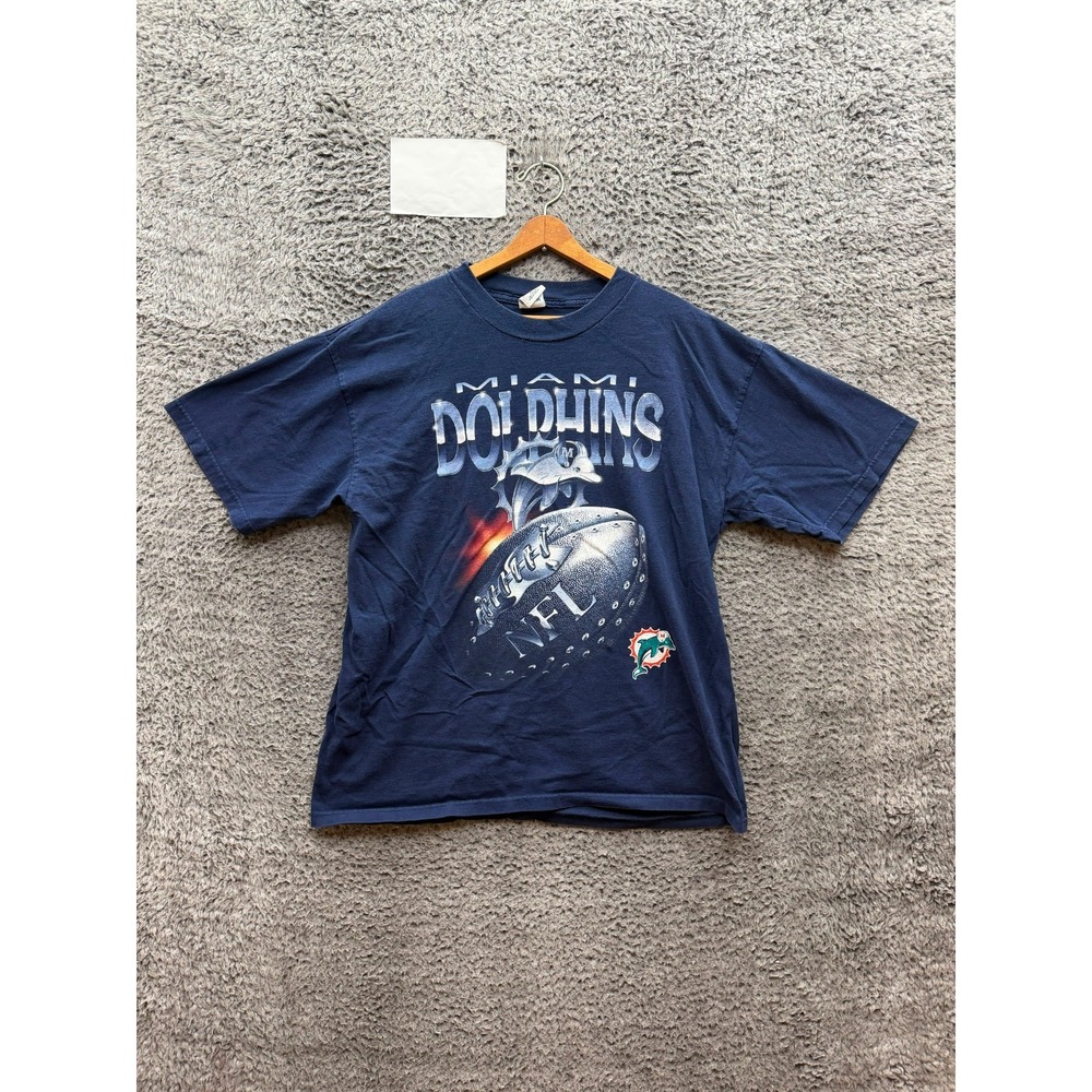 Vintage 90s Miami Dolphins NFL Graphic Short Sleeve T-Shirt Navy Blue Size XL